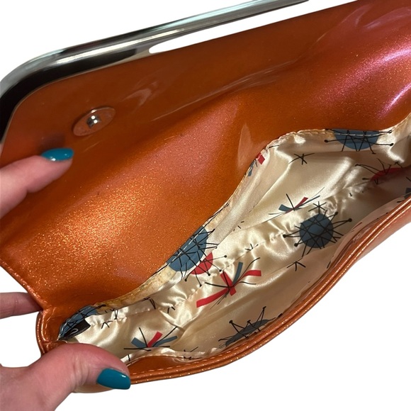 Sourpuss Orange Glitter Retro Clutch w/Atomic Print Lining NWOT - Picture 4 of 4